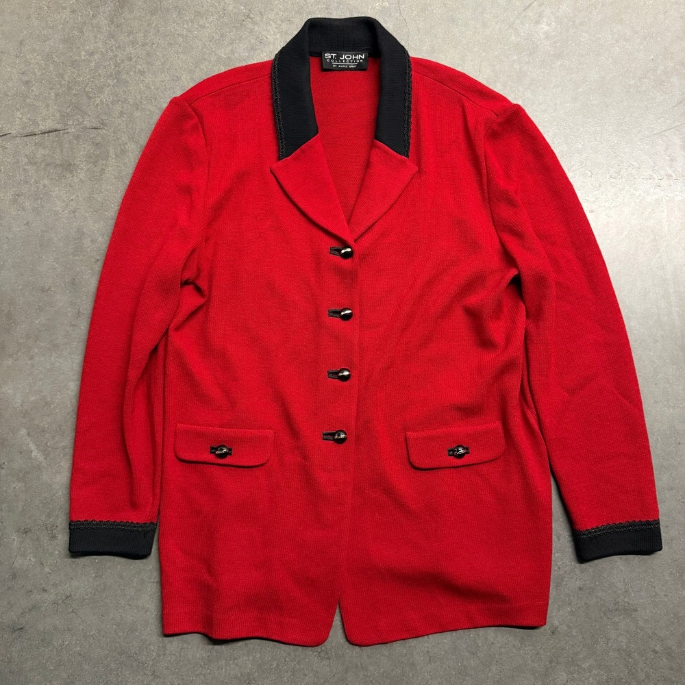 St. John Collection Marie Gray Red Knit Blazer Black Trim Branded Buttons